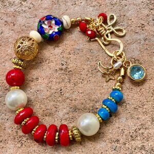 Handcrafted Red Coral Glass Beads Bracelet with Accents